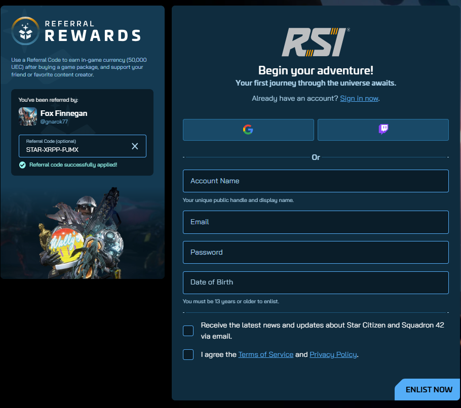 Formulaire créer un compte Star Citizen RSI